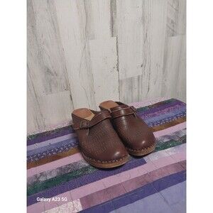 Bastad Original Brown Leather Wooden Clogs Made In Sweden Size 38